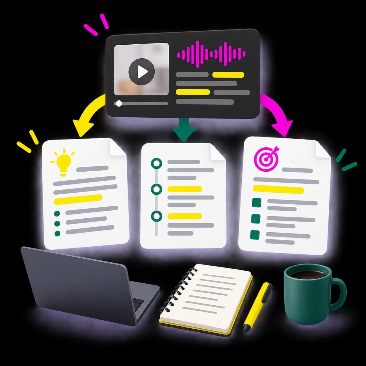 A short video transcript beside a reference note, script outline, and content brief