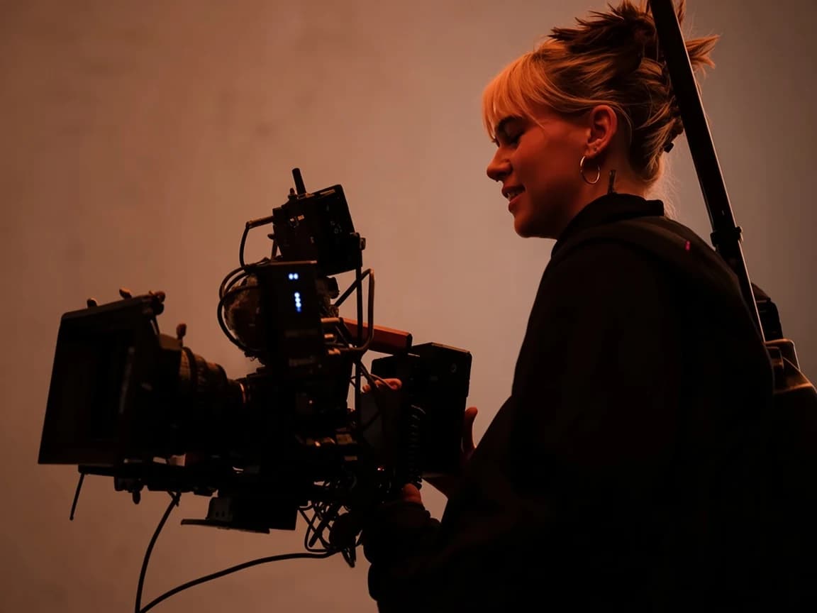 A camera operator filming on a warm-lit set