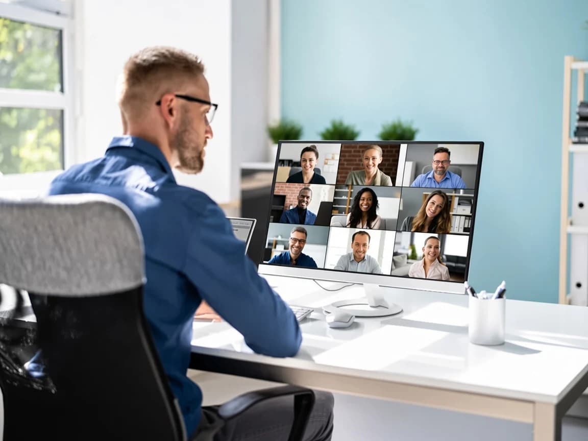 A person in a video meeting at a desk