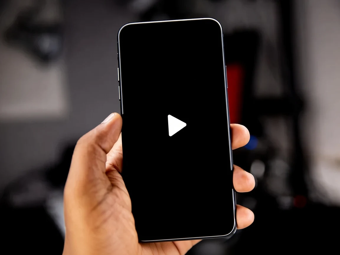 A hand holding a phone with a video ready to play