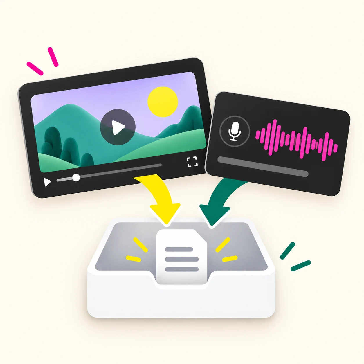 Video and audio files moving into an upload tray